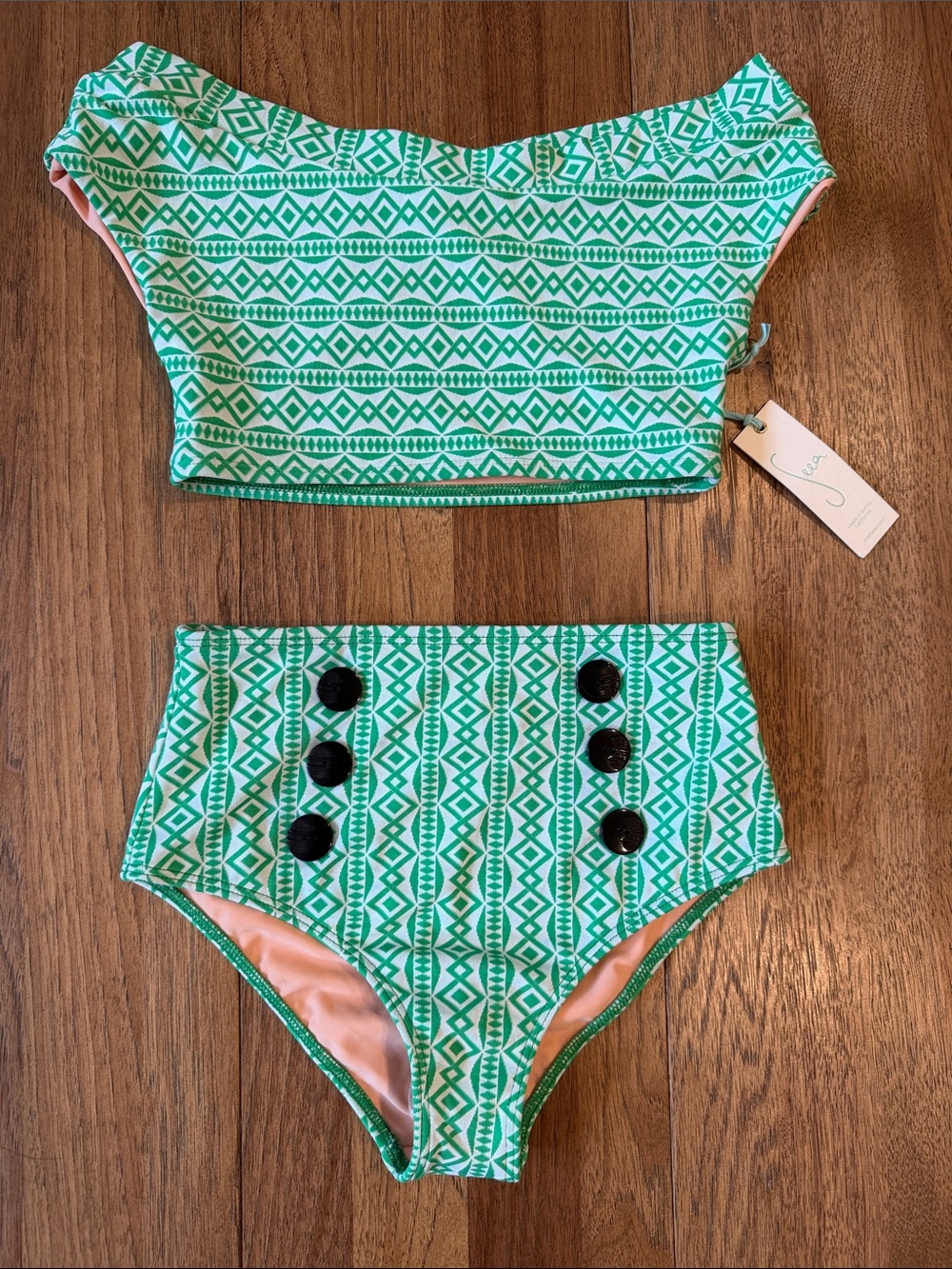 NWT Seea Bikini Set Green Print Small Top Medium Bottom
